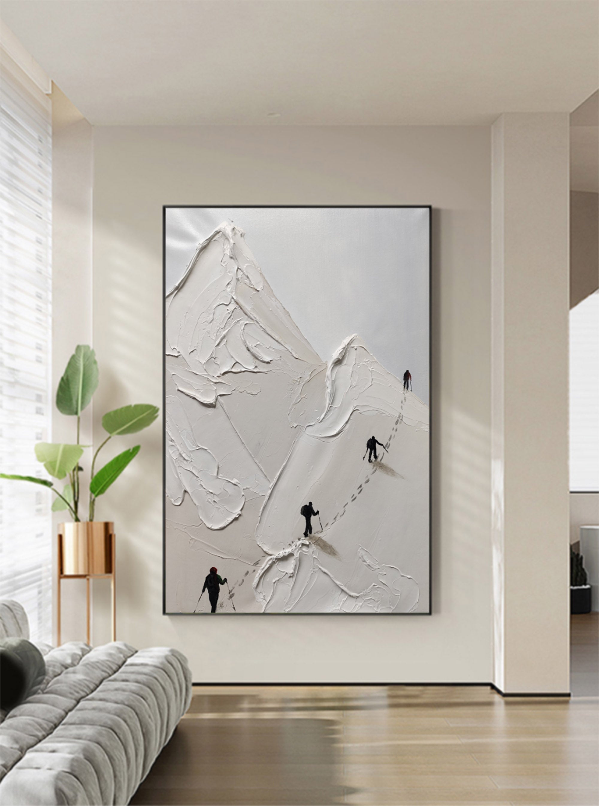 Minimalist vertical entryway artwork displaying a premium white and grey heavy texture canvas painting