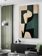 Minimalist textured abstract shapes artwork hanging on a contemporary entryway gallery wall