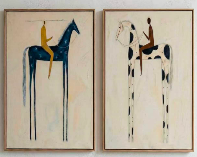 Minimalist 3D textured equestrian canvas diptych adding primitive art elegance to a home office desk wall.