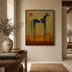 Tall Western abstract horse painting filling the double height wall of a open concept staircase landing