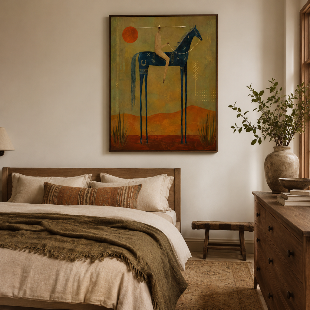 Abstract Western figure horse painting adding a cozy boho touch to a bedroom reading nook next to an accent chair