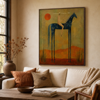 Southwestern abstract figure canvas art hung above a rustic stone fireplace mantel with vintage brass candlesticks