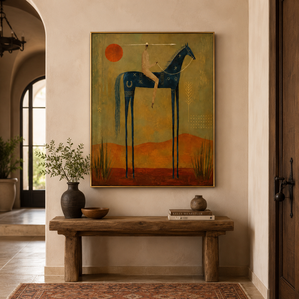 Warm folk Southwestern horse canvas art styled above a dark walnut console in a sunlit entryway
