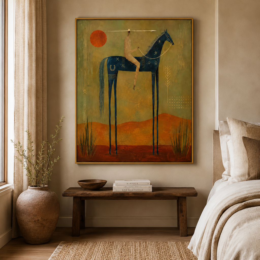 Solstice Western abstract figure wall art featuring a tall blue horse and rider under a desert sun with tribal accents