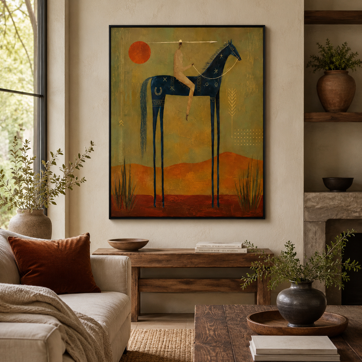 Desert style Western abstract figure painting creating a bold focal point over a cognac leather sofa in a rustic living room