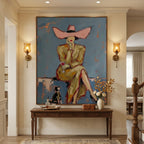 Large glamorous woman portrait painting bringing sophisticated charm above a living room bar cart setup.