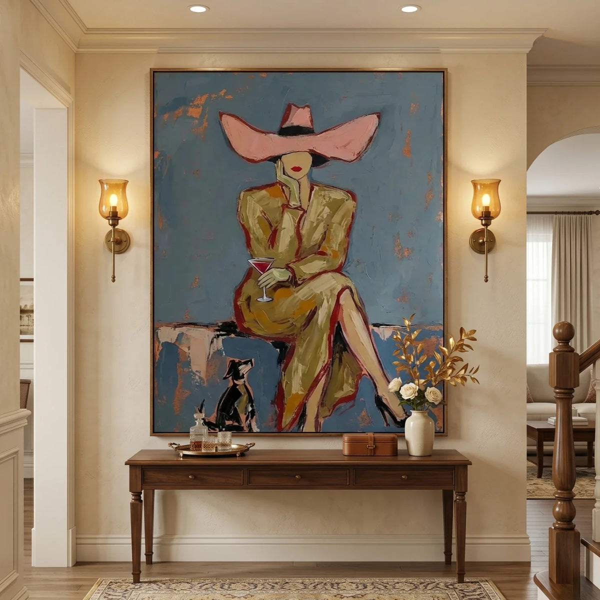 Large glamorous woman portrait painting bringing sophisticated charm above a living room bar cart setup.
