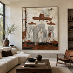 Large textured rustic western cowboy plaster painting creating a focal point above a living room beige sofa.