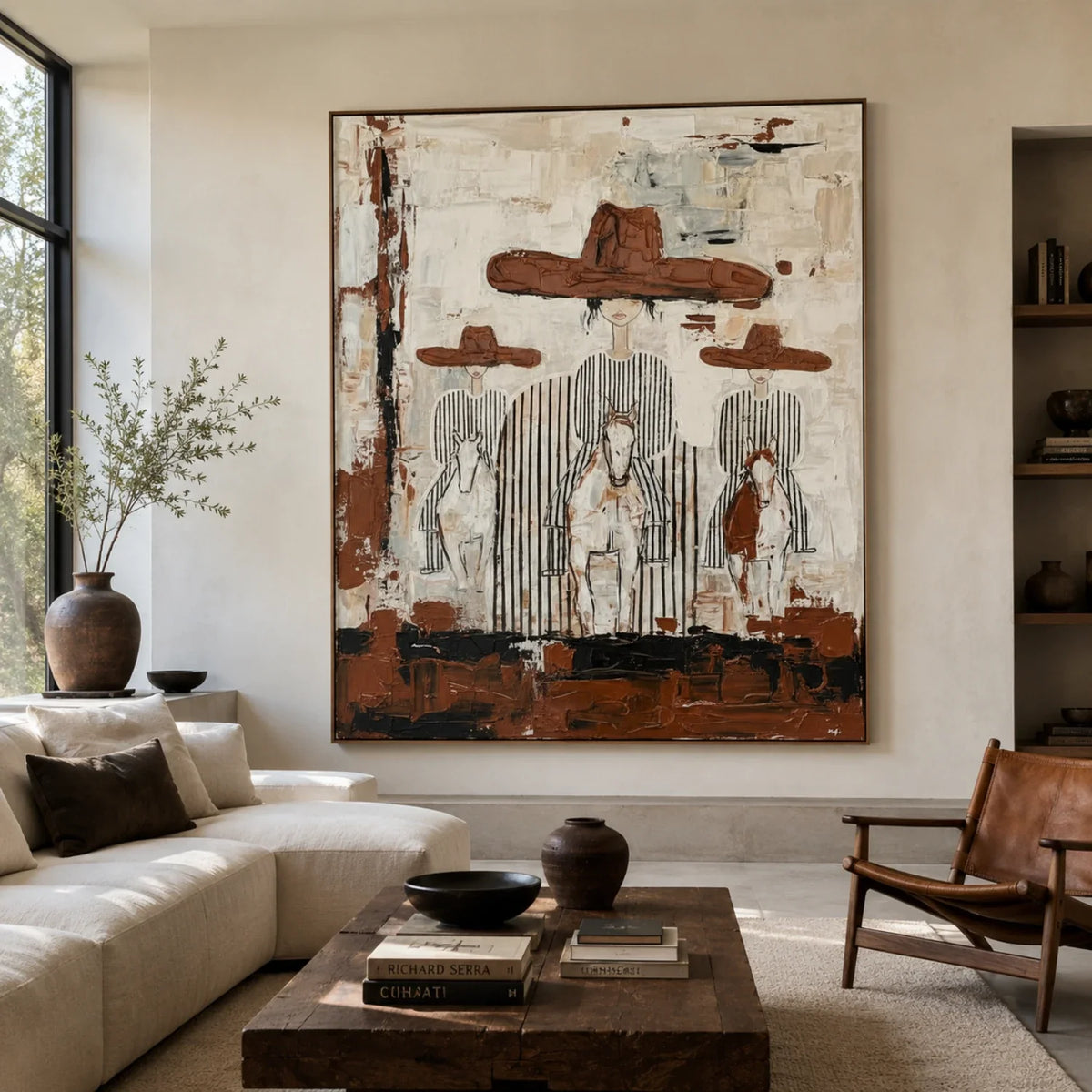 Large textured rustic western cowboy plaster painting creating a focal point above a living room beige sofa.