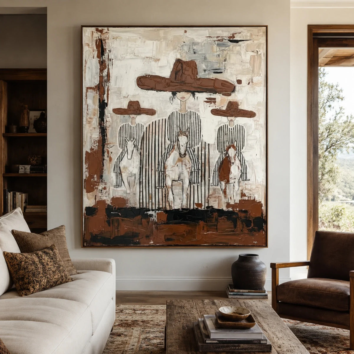 Southwestern style cowboy equestrian plaster wall art adding a rustic touch over an entryway console table.