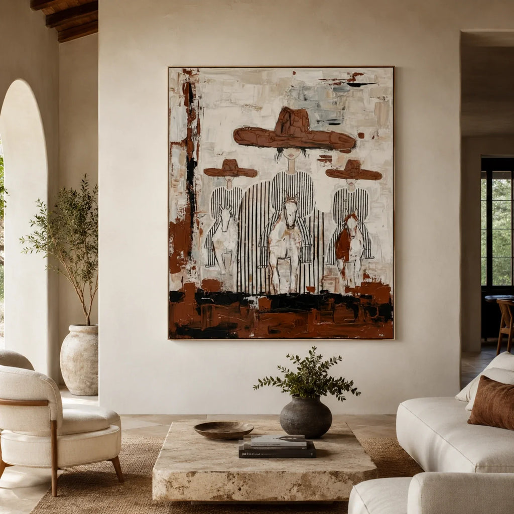 Textured brown cowboy canvas art effortlessly accenting a dark wood master bedroom headboard.