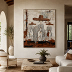 Textured brown cowboy canvas art effortlessly accenting a dark wood master bedroom headboard.