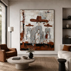 Modern rustic western cowboy plaster painting bringing warm earthy mood to a home office desk wall.
