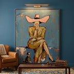 3D textured slate blue and gold abstract lady canvas art creating an elegant focal point in a master suite.