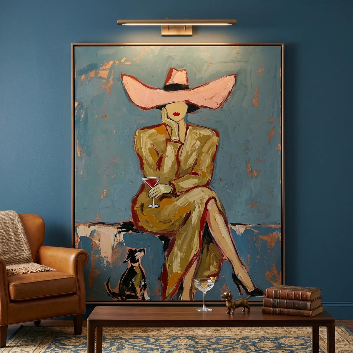 3D textured slate blue and gold abstract lady canvas art creating an elegant focal point in a master suite.
