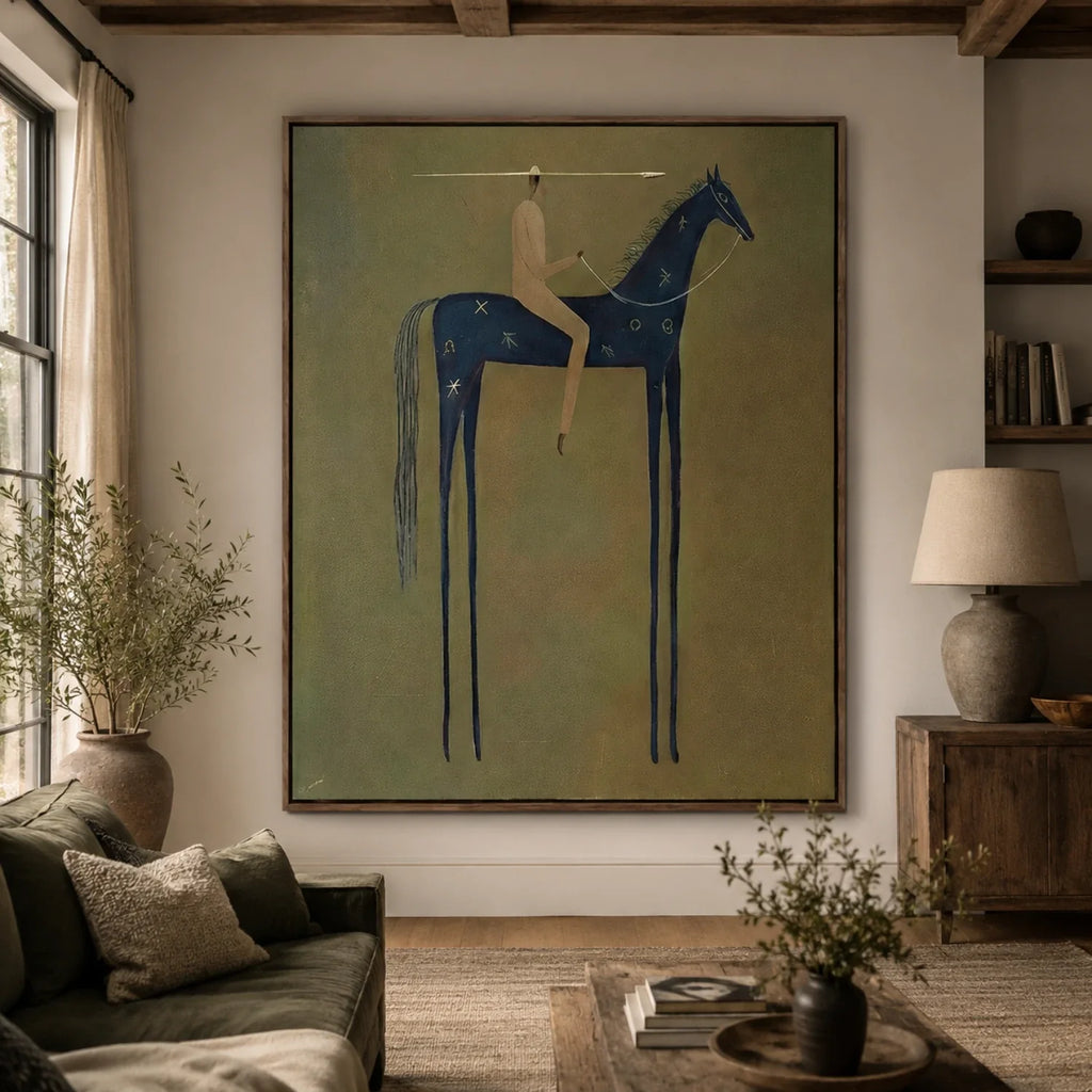 Stargazer folk horse canvas wall art featuring blue rider on olive background by Parge Art.