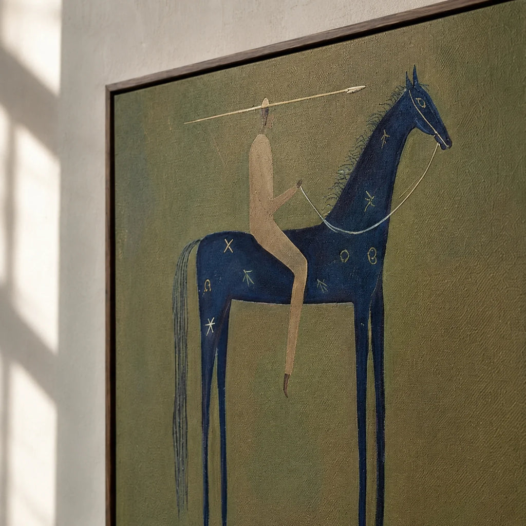 Large abstract blue folk horse painting bringing mystical rustic charm above an entryway console table.