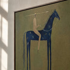 Large abstract blue folk horse painting bringing mystical rustic charm above an entryway console table.