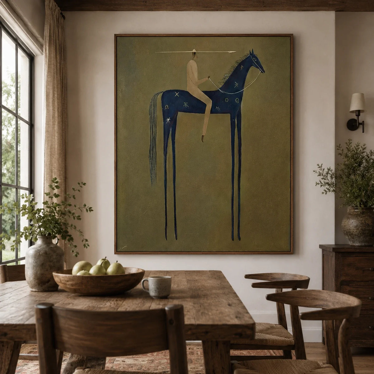 3D textured folk style equestrian canvas art creating a serene focal point in a master bedroom.