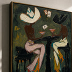 Vintage Americana poker girls canvas painting mounted over a mahogany wet bar cabinet in a home entertainment room