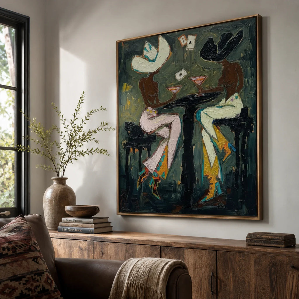 Textured Western poker girls painting bringing a retro saloon vibe to a cozy home office reading corner