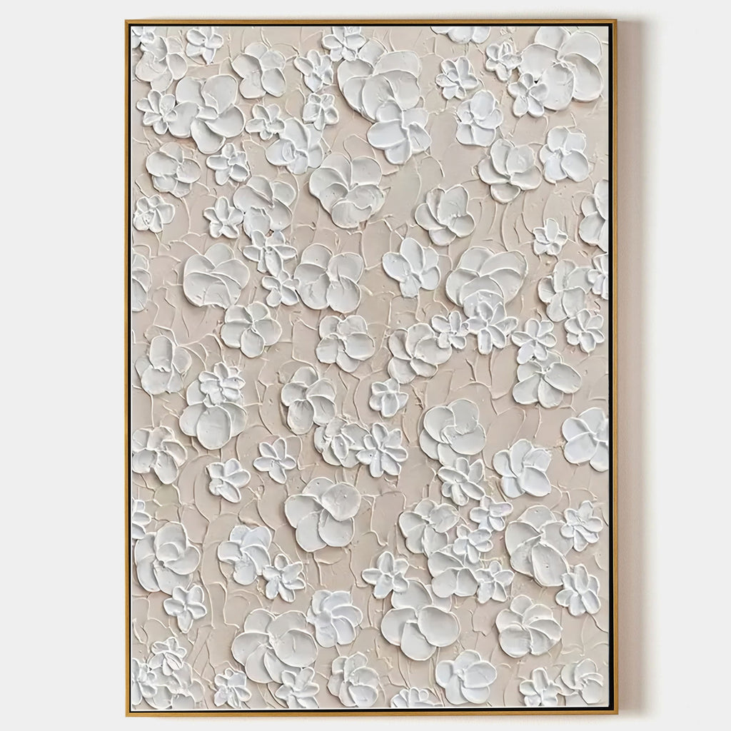 Petal Wabi-Sabi textured floral wall art with 3D plaster white flowers by Parge Art