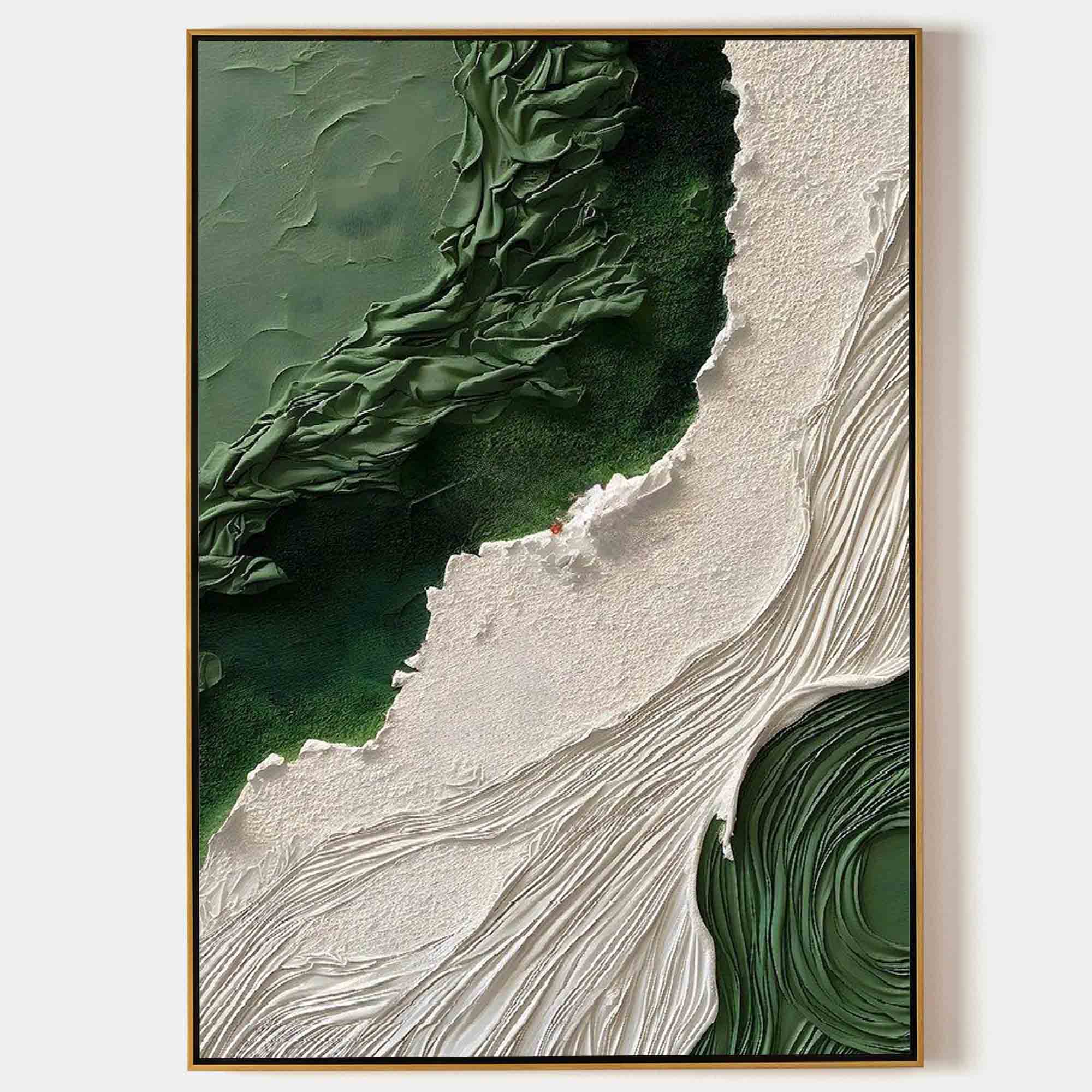 Parge Art Flow green textured wall art with heavy plaster palette knife ridges and gold frame