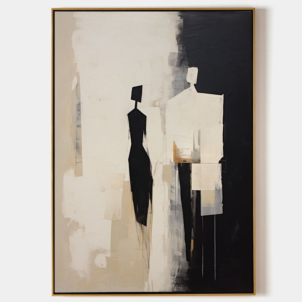 Noir abstract portrait wall art with minimalist black and beige textured composition