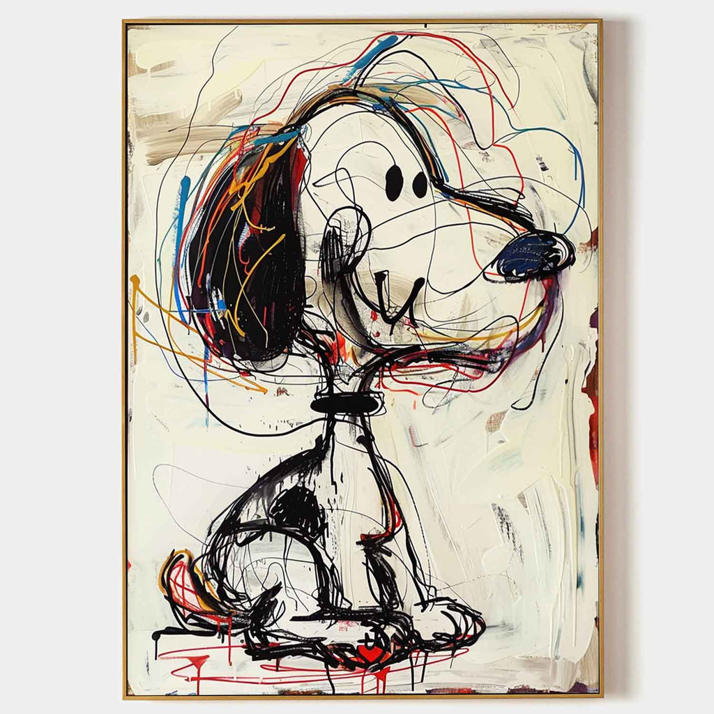 Parge Art Vibe abstract graffiti wall art with cartoon dog lines and gold frame