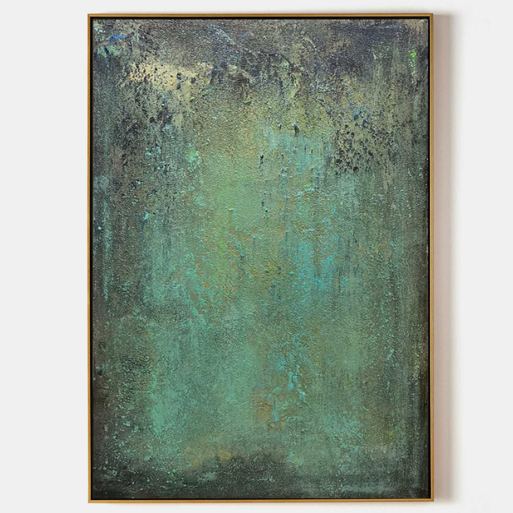 Verdant wabi-sabi textured wall art with oxidized green mineral surface and abstract weathered texture