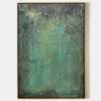Verdant wabi-sabi textured wall art with oxidized green mineral surface and abstract weathered texture