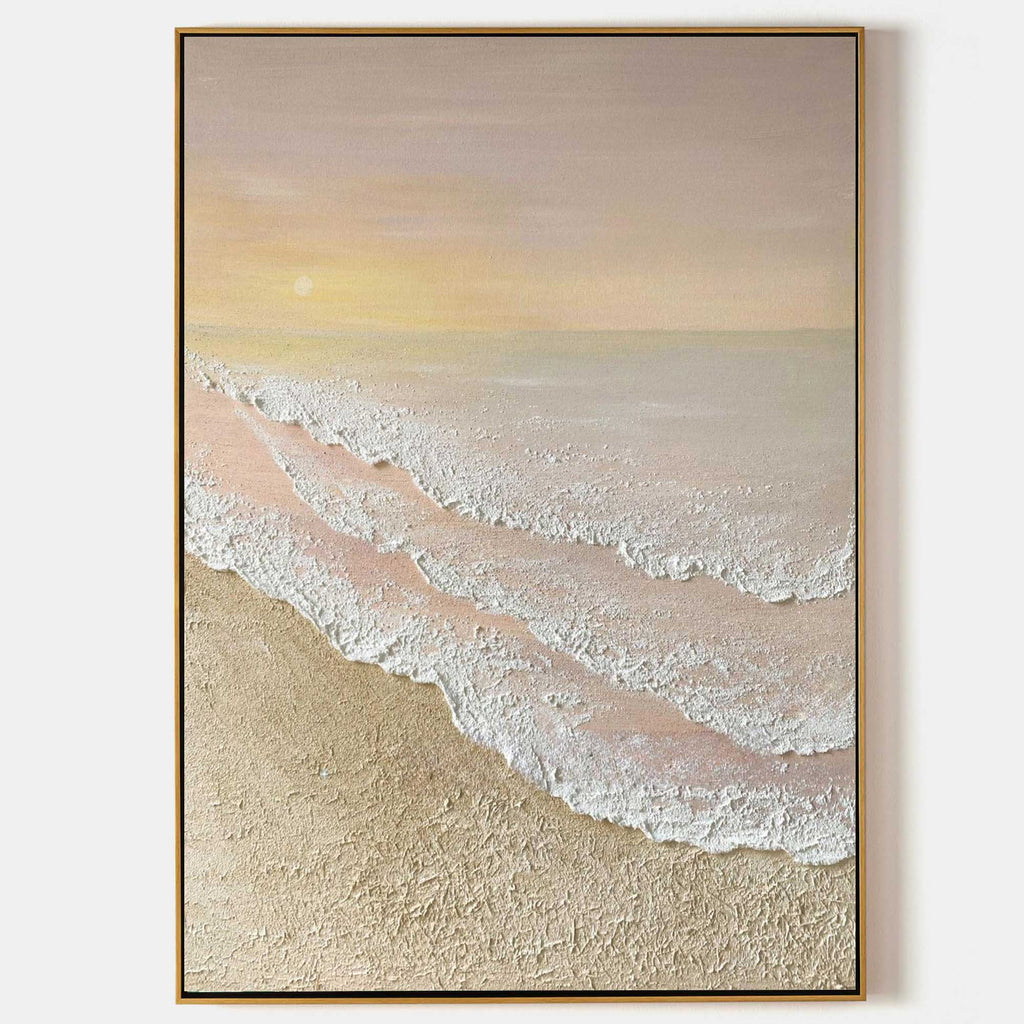 Calm coastal beach 3D textured wall art handcrafted thick palette knife impasto ocean wave painting on canvas