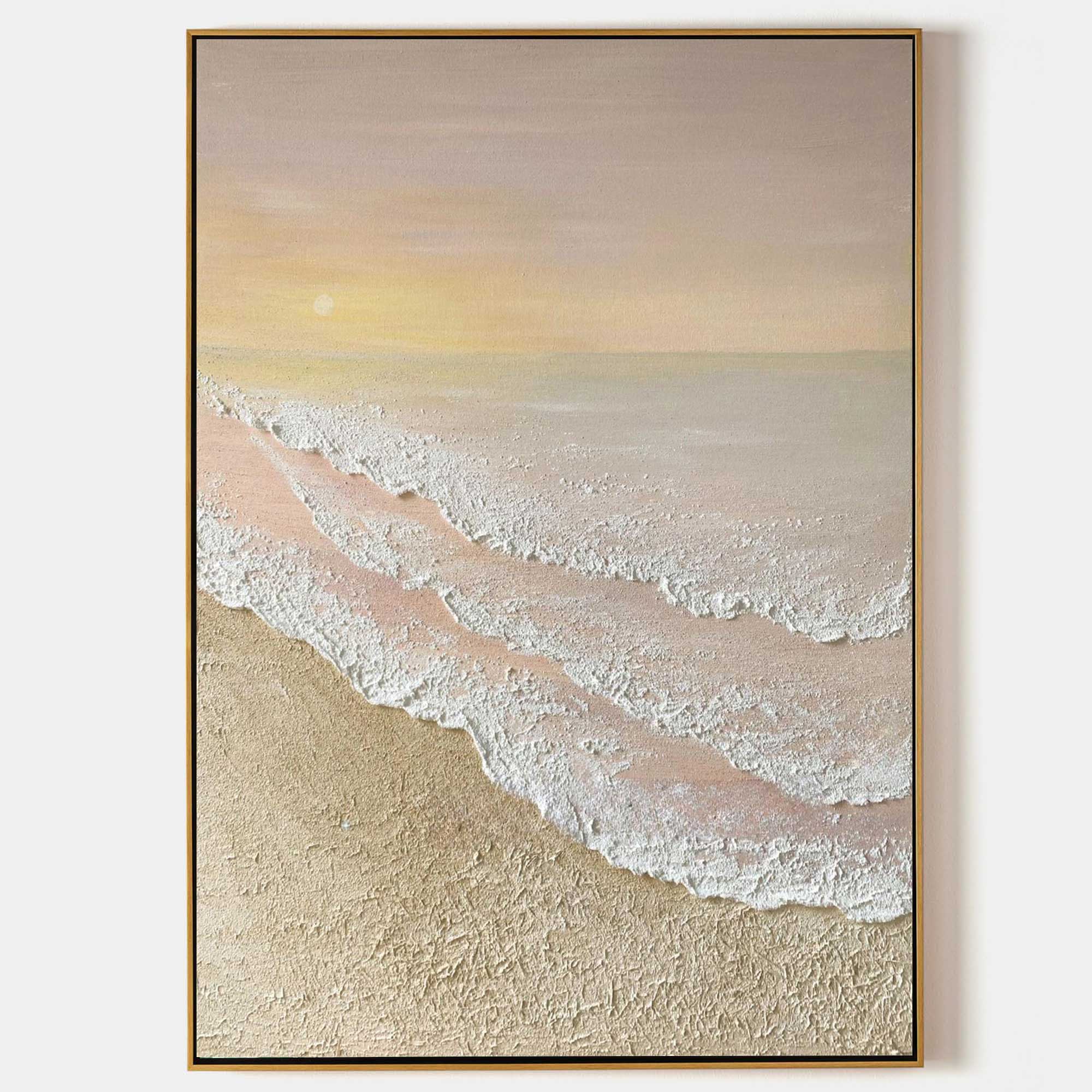 Calm coastal beach 3D textured wall art handcrafted thick palette knife impasto ocean wave painting on canvas