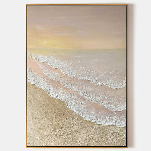 Calm coastal beach 3D textured wall art handcrafted thick palette knife impasto ocean wave painting on canvas