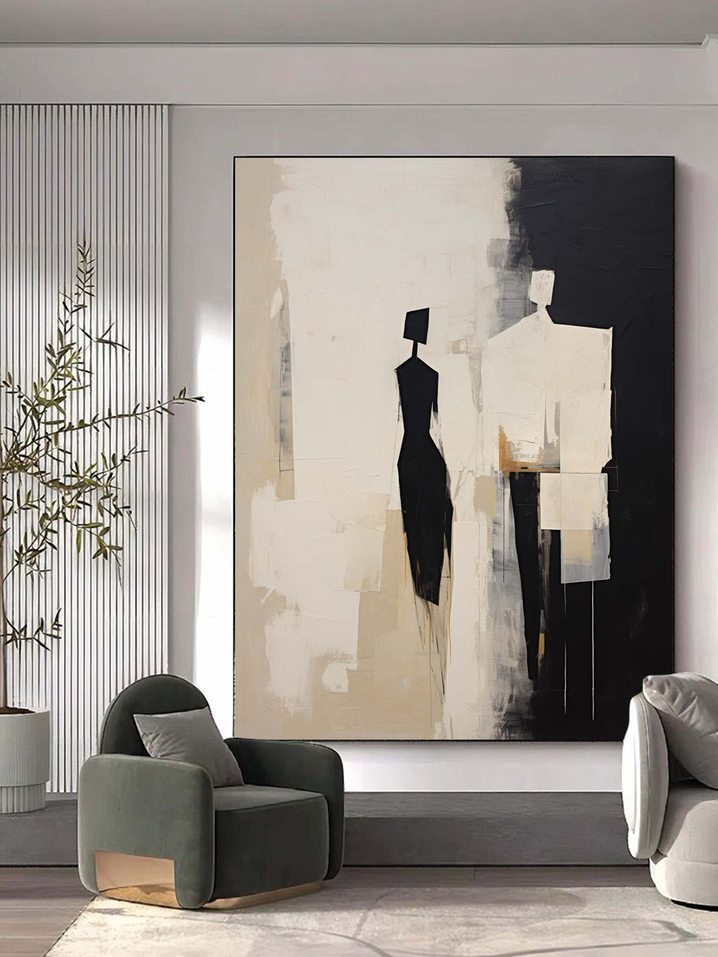 Minimalist portrait canvas artwork in serene bedroom with natural lighting