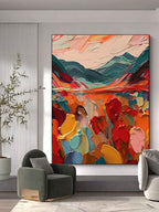 Heavy textured colorful nature landscape canvas artwork styled above a neutral leather sofa in a bright modern living room