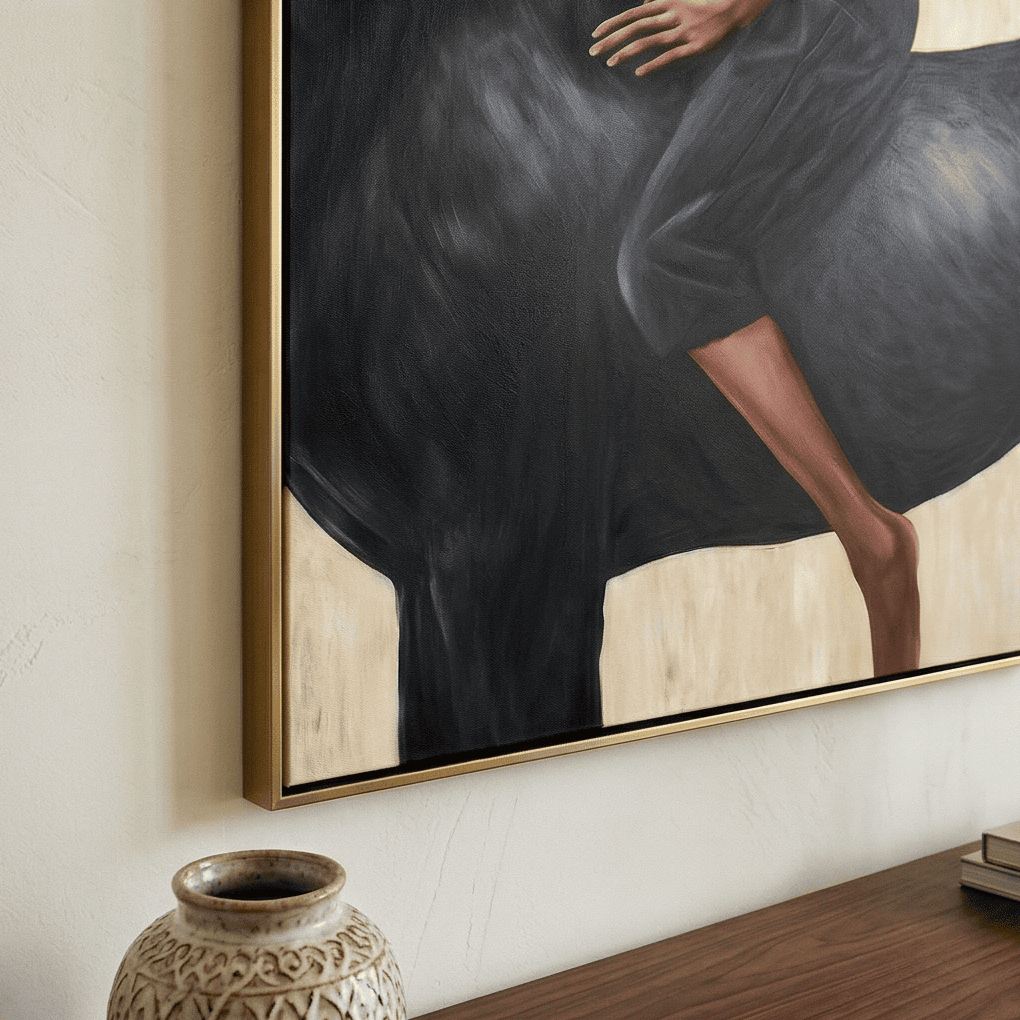 Large beige western equestrian canvas painting mounted above a stone fireplace mantle in a cozy rustic den