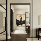 Equestrian portrait canvas decoration adding warm minimalist texture to a serene home office reading lounge