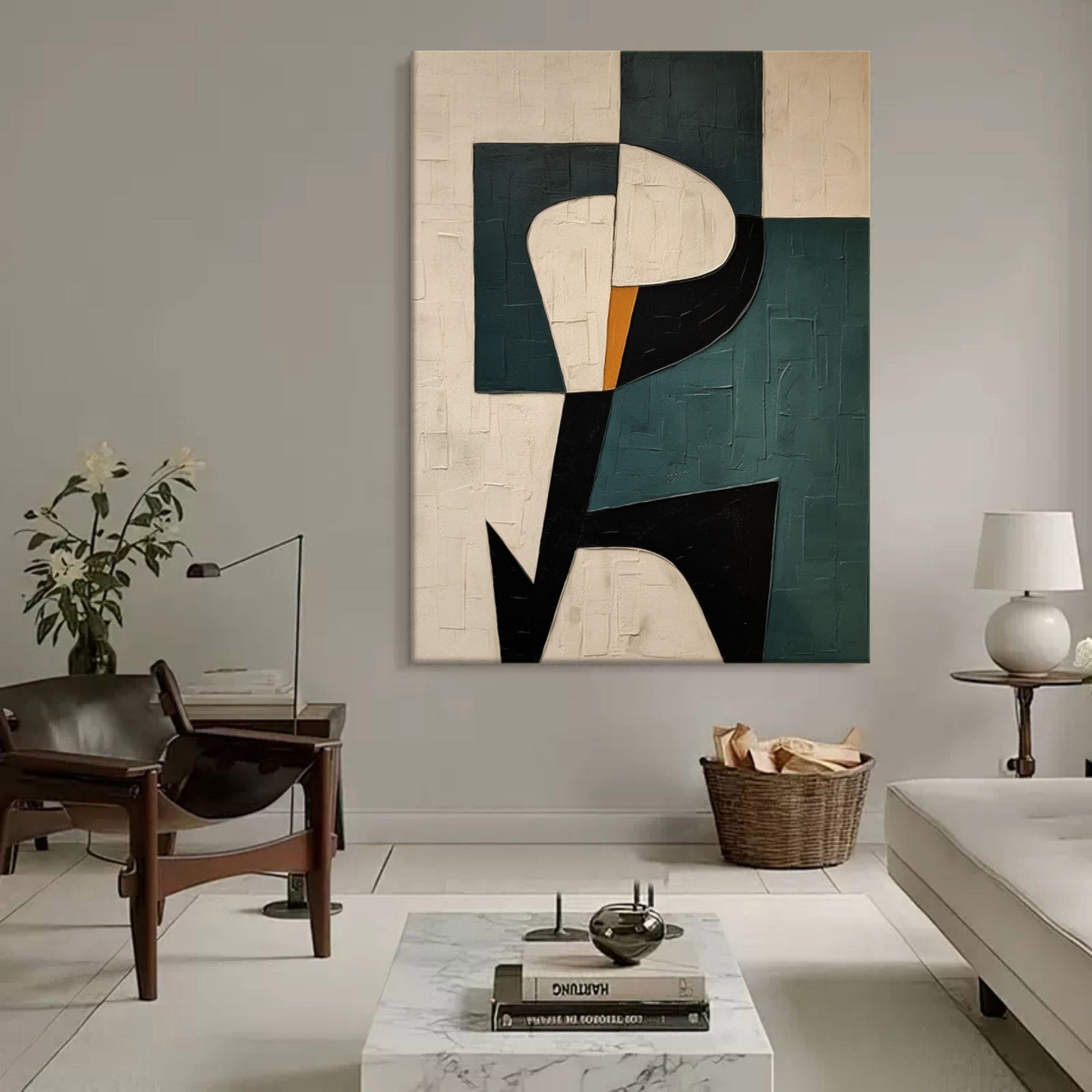 Teal and beige Wabi-Sabi abstract texture art display over a designer nightstand in a high-end bedroom
