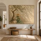 Solitude Mediterranean woman plaster wall art featuring a lady reading under an olive tree on textured beige canvas