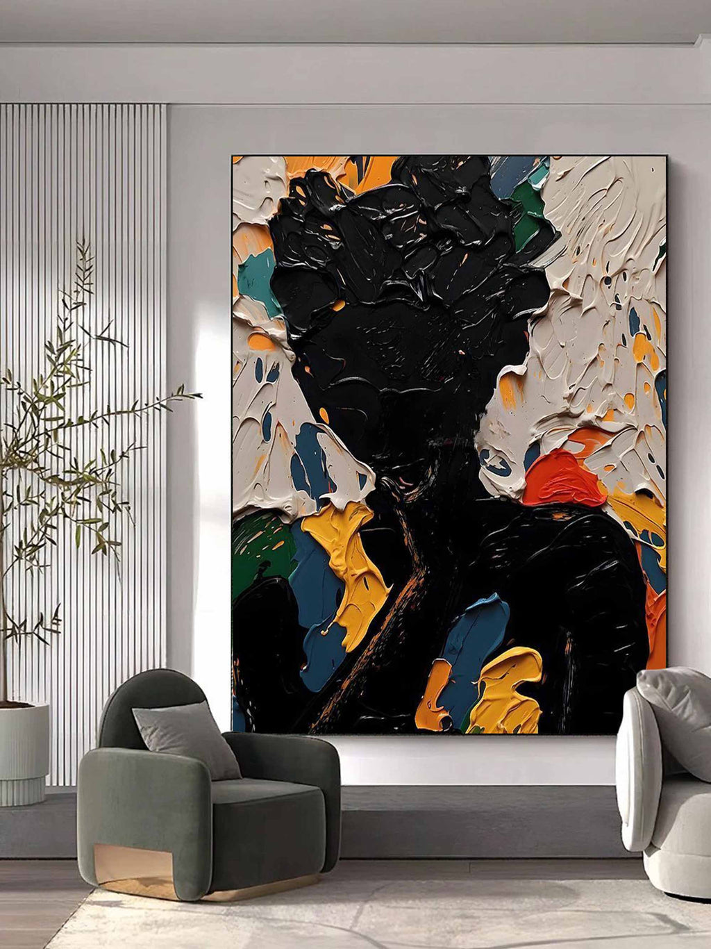 Vibrant heavy palette knife textured portrait painting creating a powerful artistic statement in a bedroom.