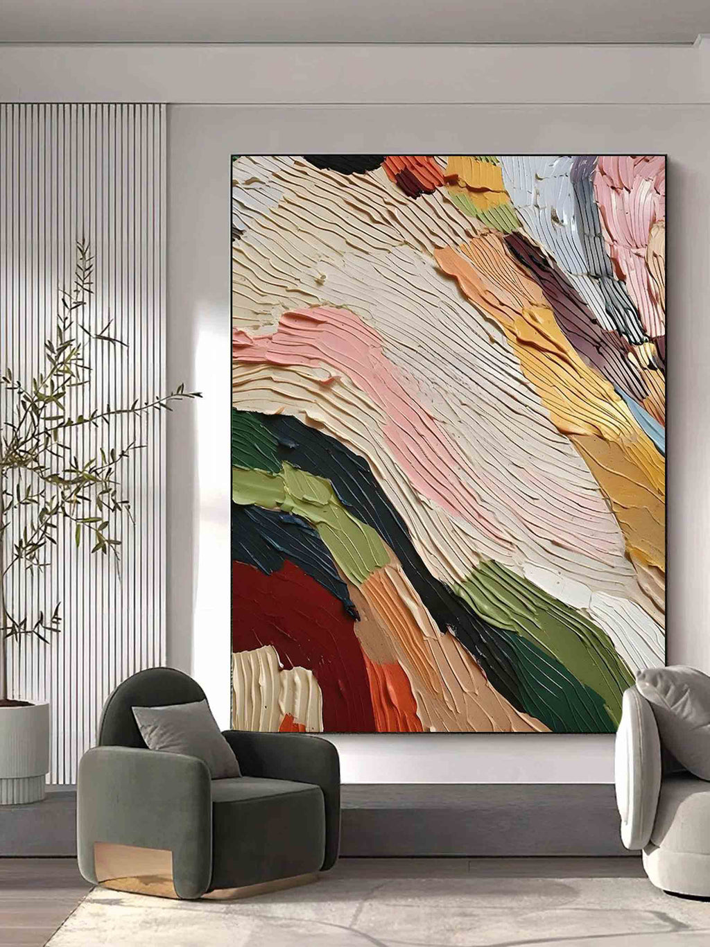 Textured abstract canvas artwork in minimalist bedroom with soft natural lighting