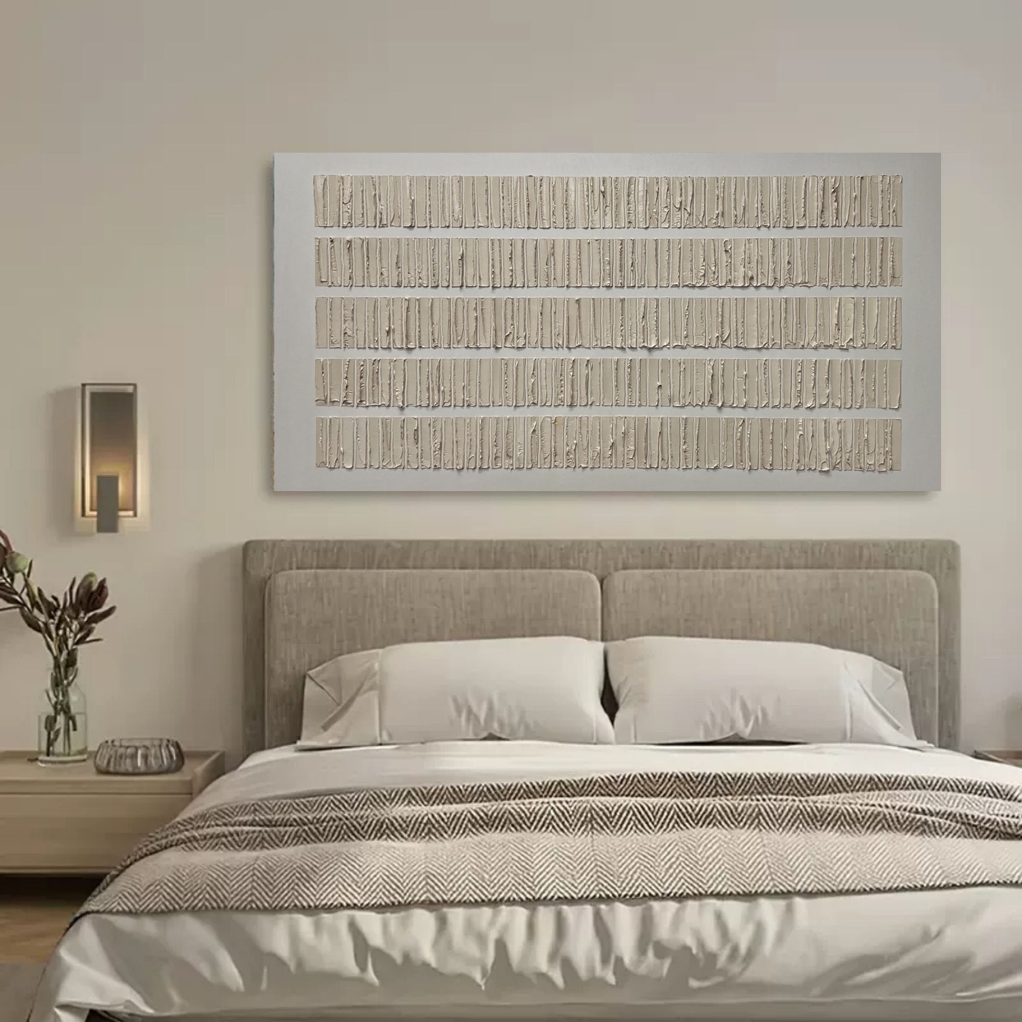 Close-up of Strata textured wall art showing handcrafted vertical plaster ridges and organic surface texture