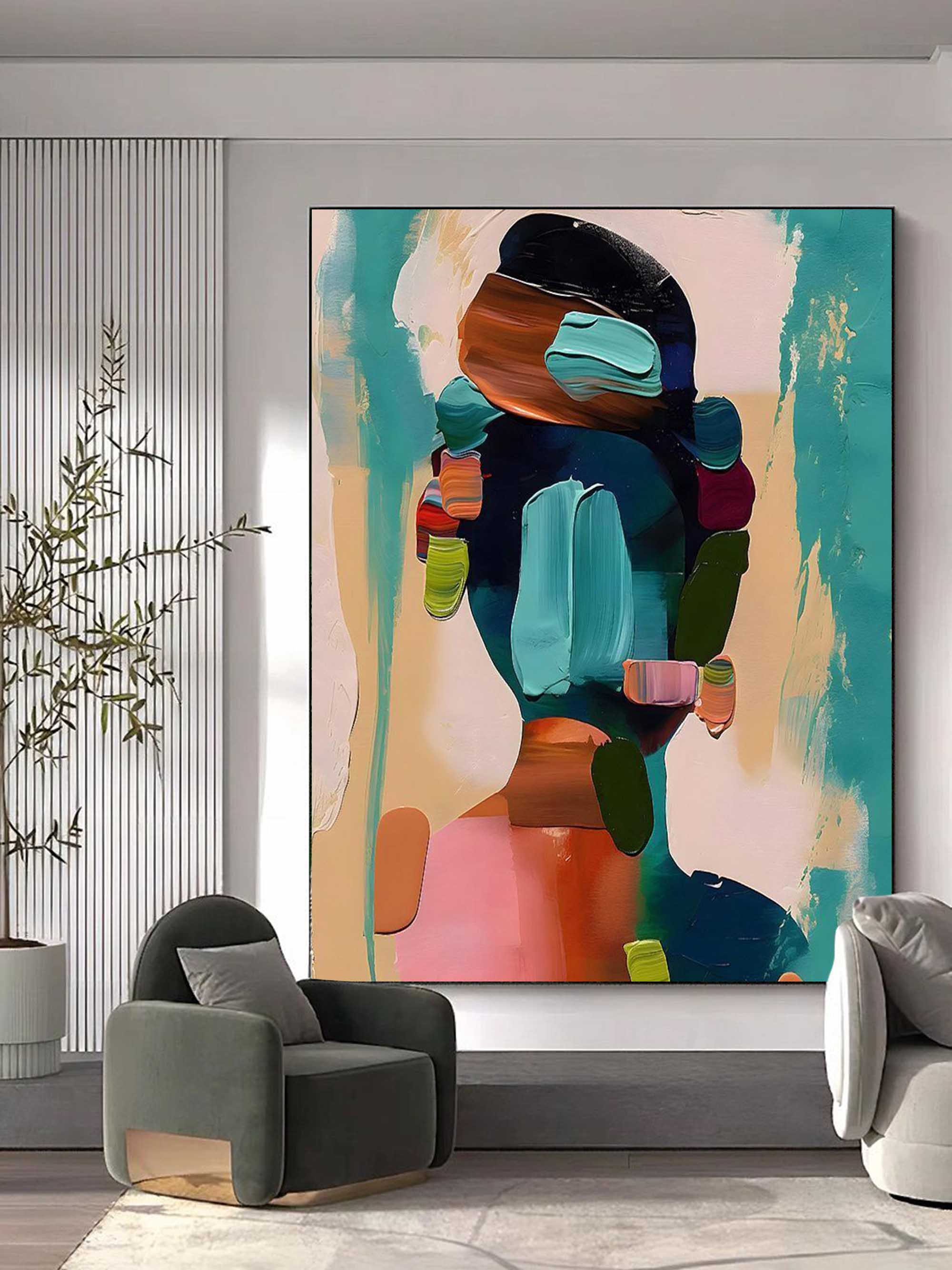 Vibrant abstract woman portrait canvas artwork beautifully framed and hung on a modern minimalist living room wall.