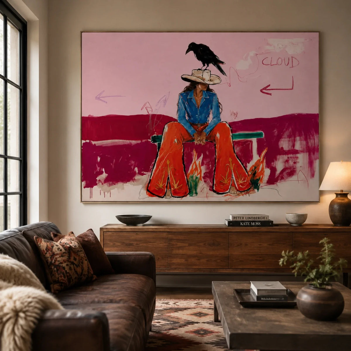 Western pop art cowgirl artwork mounted over a warm oak entryway console table in a sunlit foyer