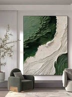 Sage green abstract nature texture painting display over a wooden nightstand in a high-end bedroom