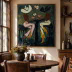 Impasto Vintage Americana poker canvas art piece hung on a exposed brick accent wall in a trendy home tavern
