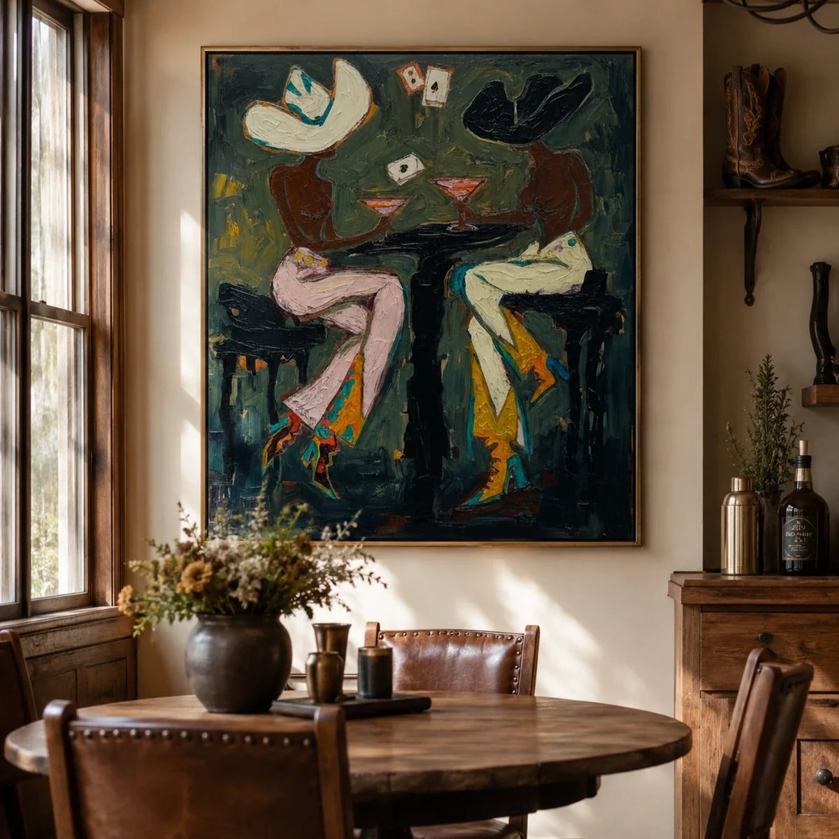 Impasto Vintage Americana poker canvas art piece hung on a exposed brick accent wall in a trendy home tavern
