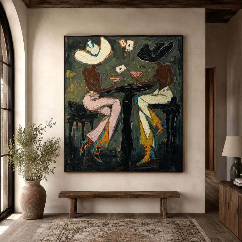 Cool Vintage Americana figure art displayed above a dark walnut sideboard cabinet in an eclectic dining space