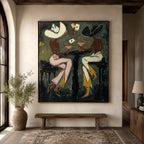 Cool Vintage Americana figure art displayed above a dark walnut sideboard cabinet in an eclectic dining space